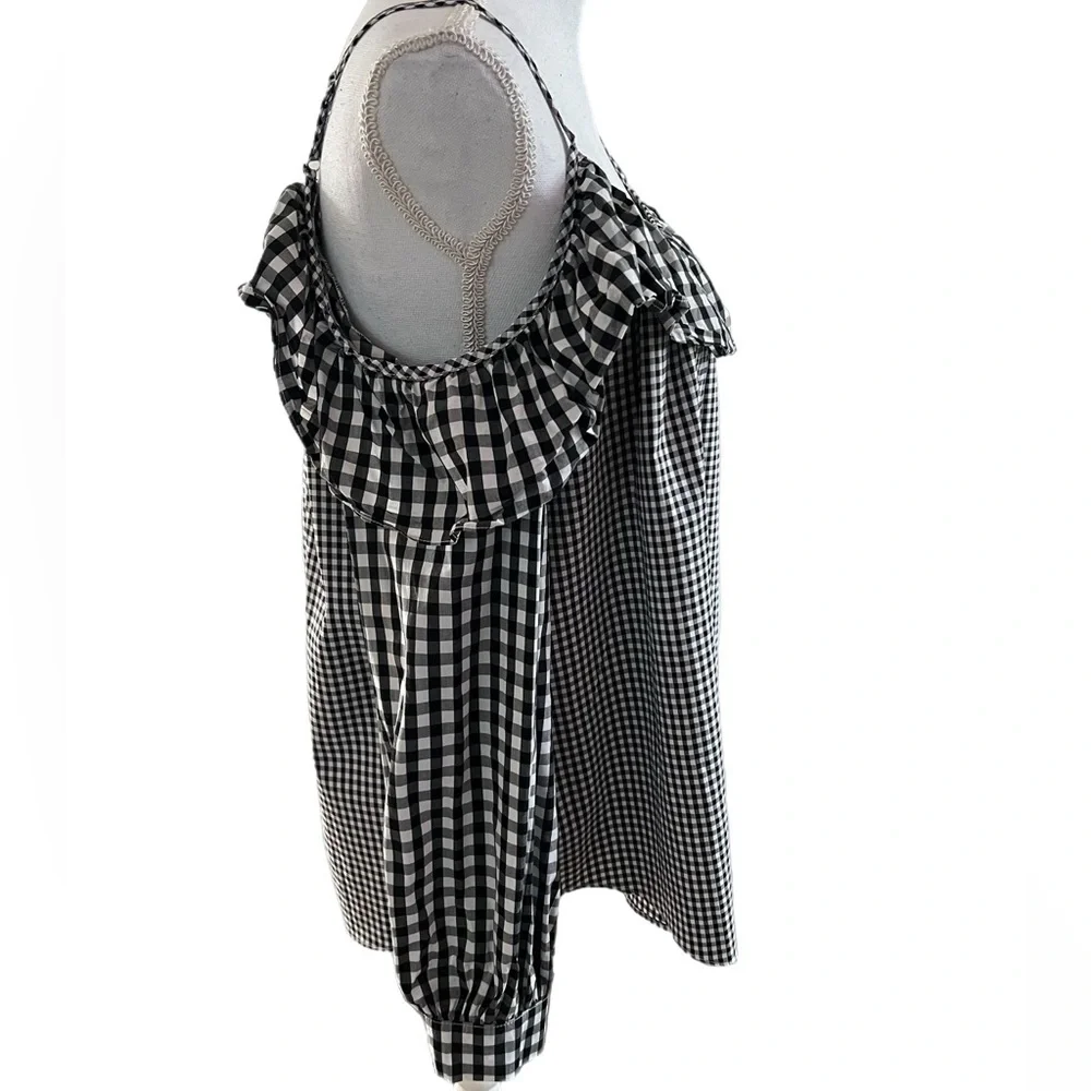 🔥🔥Timing Womens Size L Long Sleeve Shirt Black/White Check Off Shoulder Ruffle - Picture 2 of 5